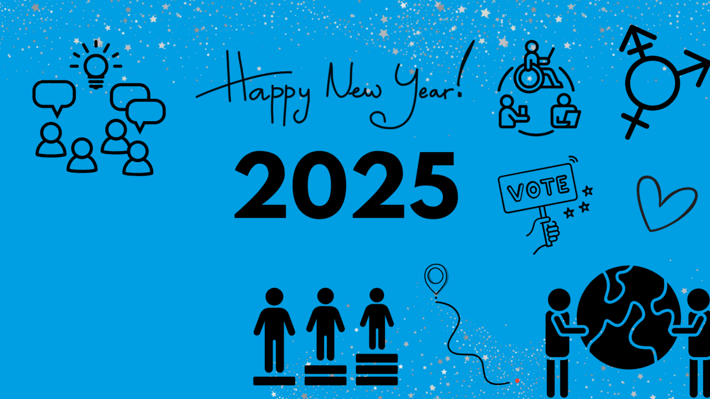 Auf blauem Hintergrund steht "Happy New Year 2025!". Symbolisch sind dazu noch viele schwarze Figuren im Bild, die mit unterschiedlichen Aktivitäten für Vielfalt und Demokratie stehen. 